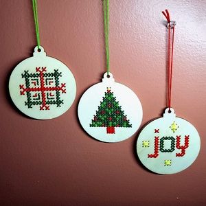 NWOT   Set of 9 Cross-Stitched Wooden Holiday Ornaments